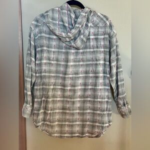 aerie Gray Plaid Button-Down Hooded Shirt with Pink Accents